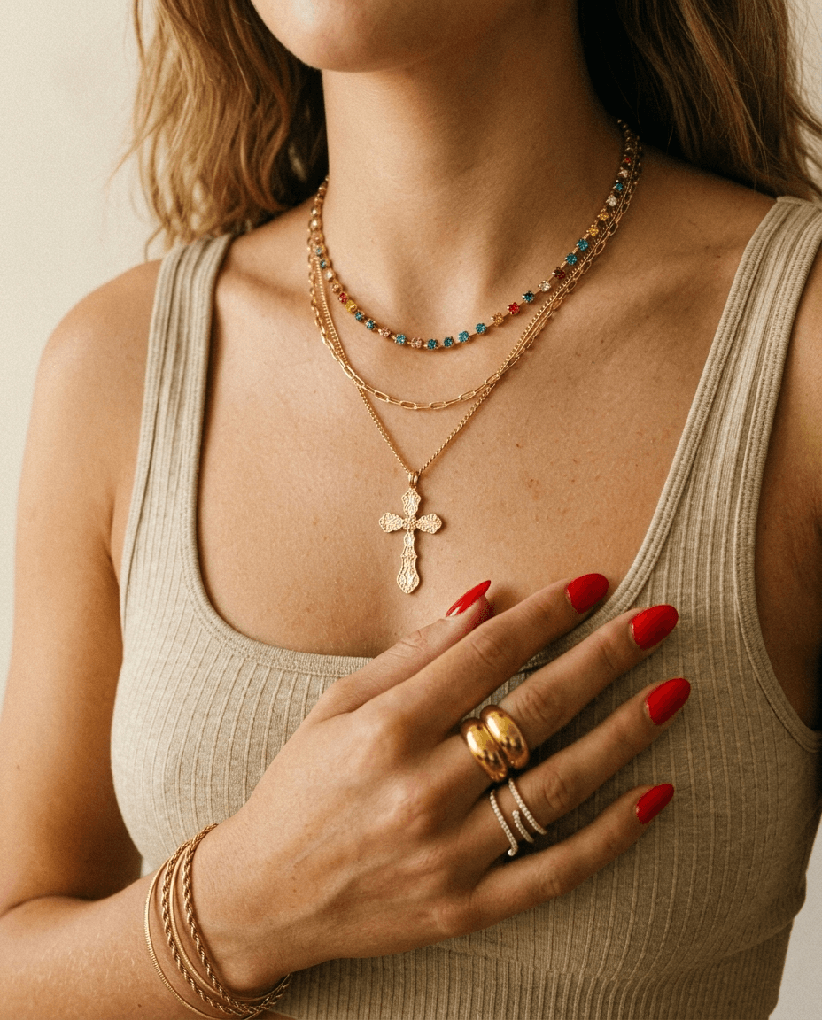 Crystal Cross Pendant Layered Chain Necklace - Image 2