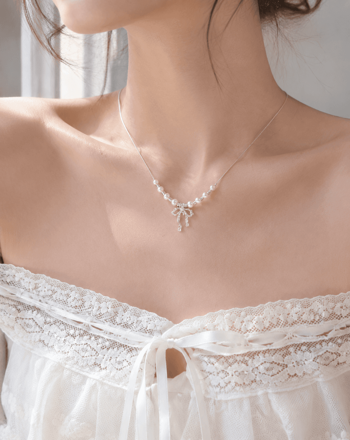 French Lace Bow Pearl Necklace - Image 4