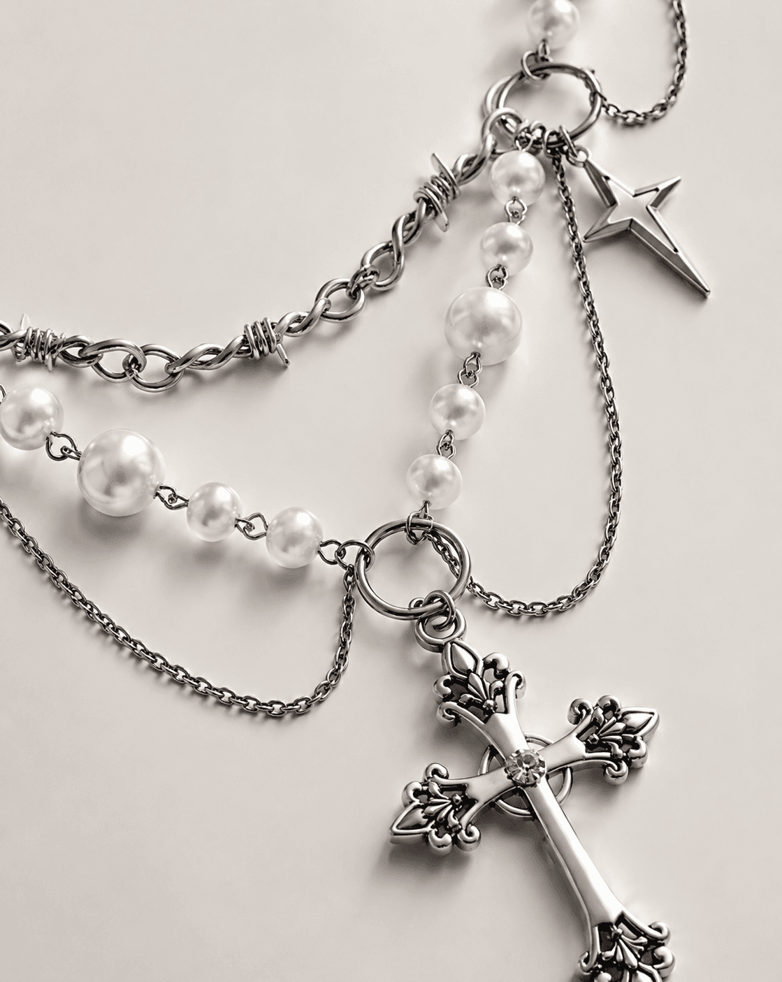Vintage Gothic Layered Cross Pearl Choker Necklace - Image 3