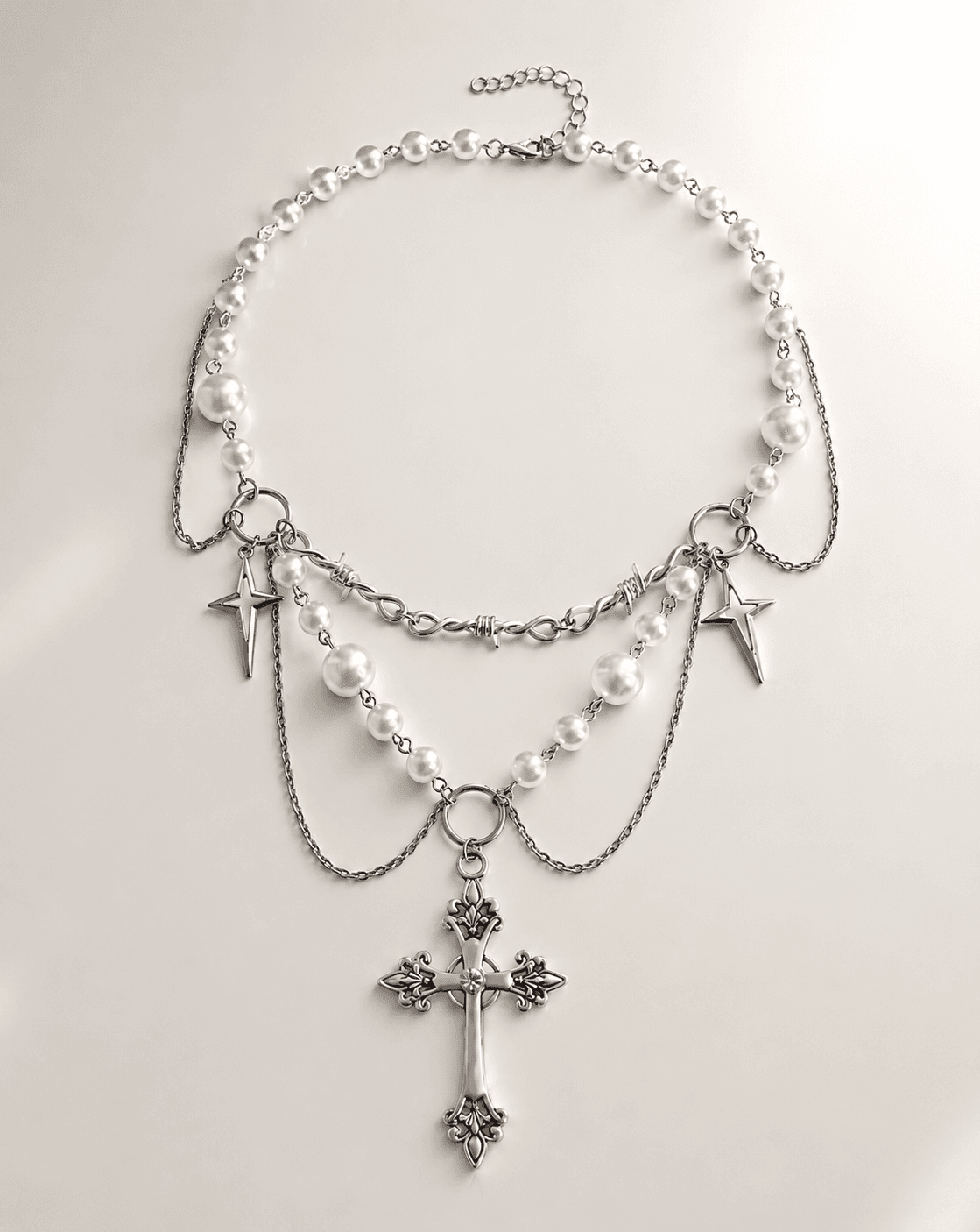 Vintage Gothic Layered Cross Pearl Choker Necklace - Image 1