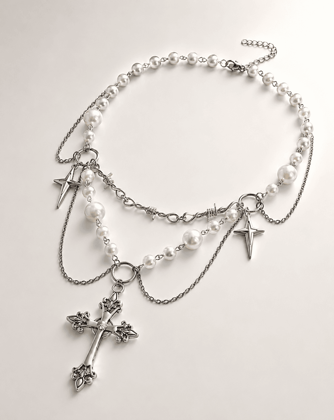 Vintage Gothic Layered Cross Pearl Choker Necklace - Image 5