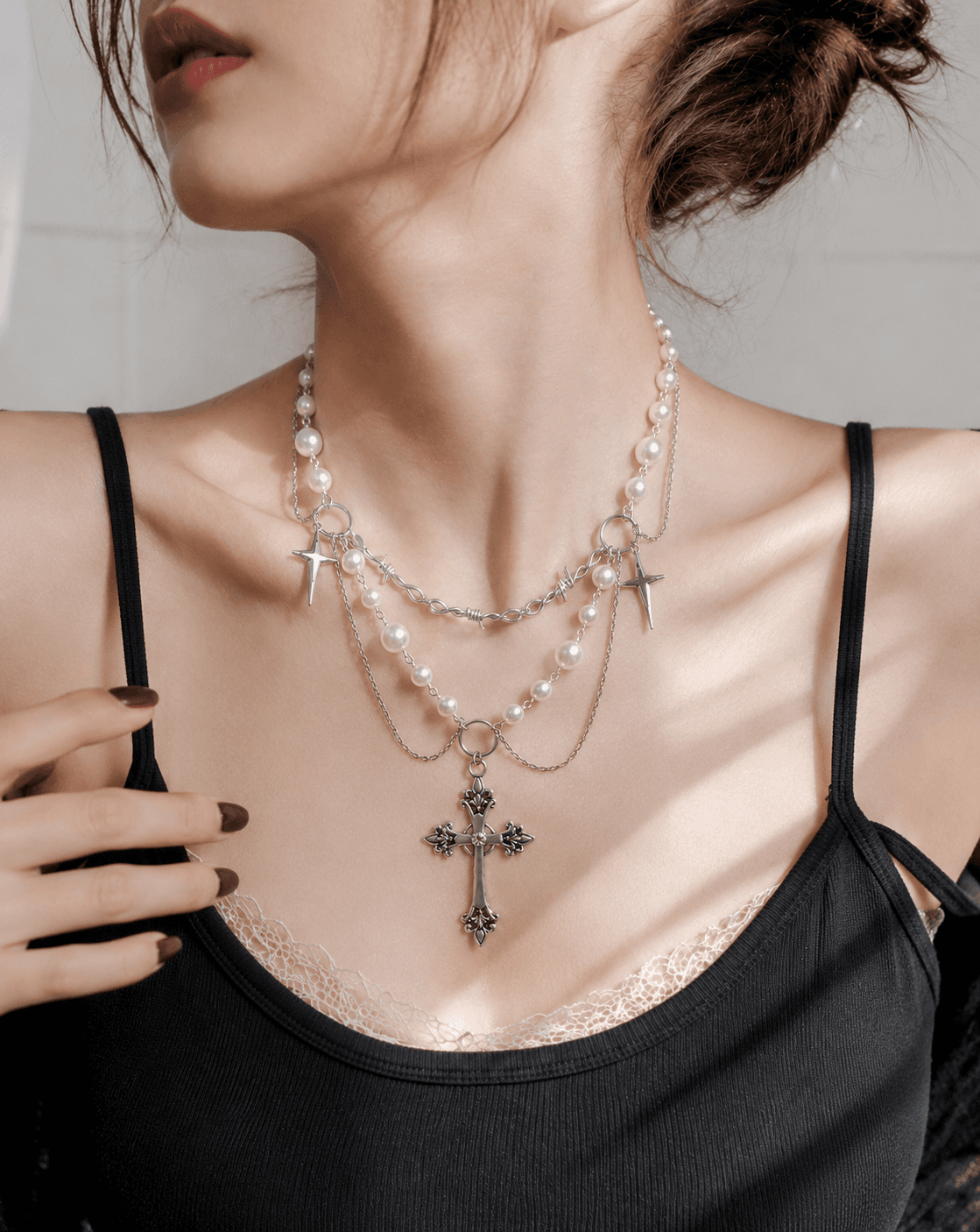 Vintage Gothic Layered Cross Pearl Choker Necklace - Image 4