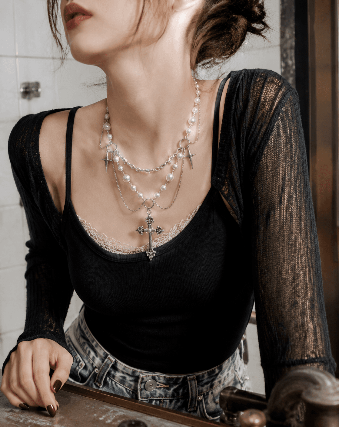 Vintage Gothic Layered Cross Pearl Choker Necklace - Image 2